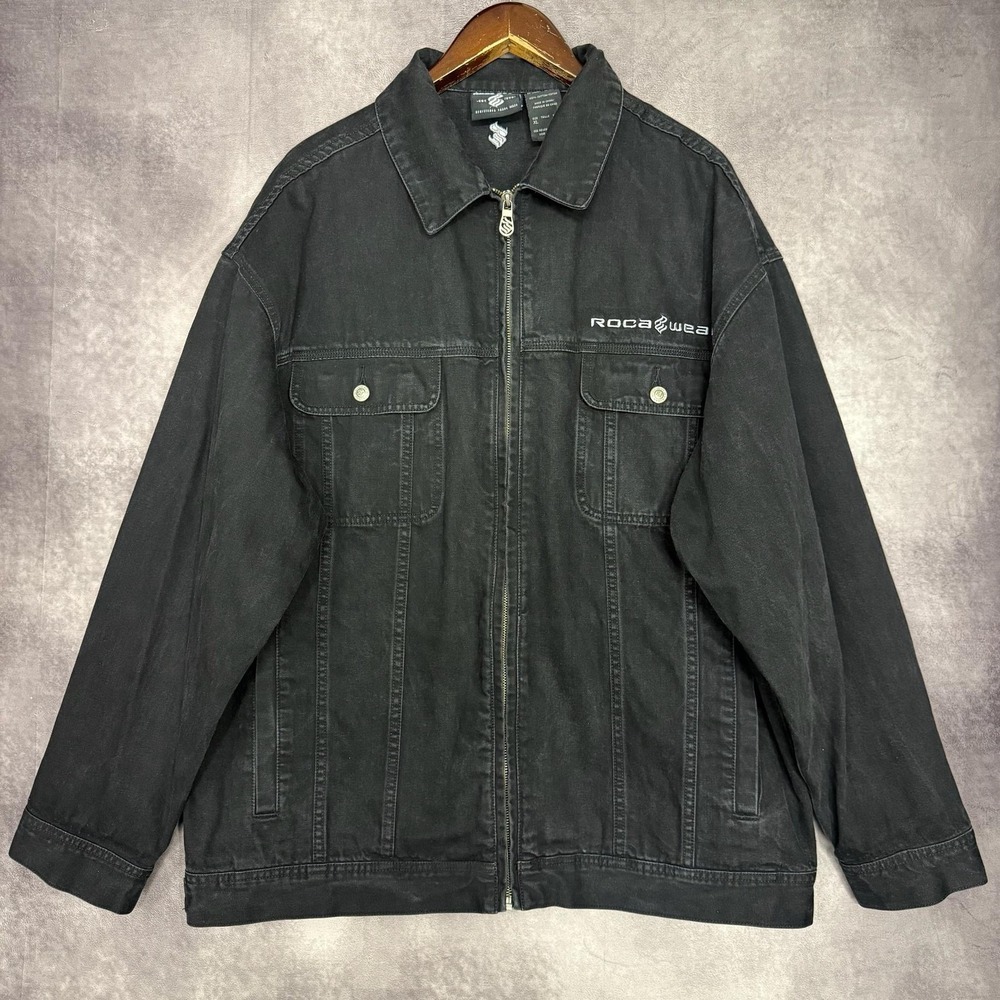 Vintage‎ Rocawear Jacket Mens XL Black Denim Zip Front Streetwear Hip Hop